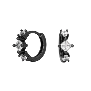 Macro view of black plated S925 silver huggie earrings with sparkling white zircons
