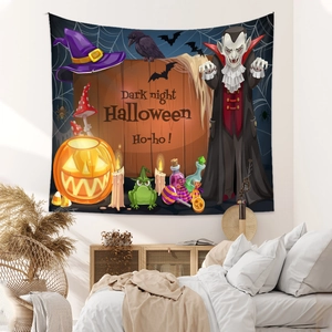 Detail of Halloween tapestry with vampires, pumpkins and bats in a cozy bedroom setting