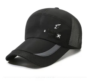 Detail of breathable mesh on black sports cap with white star and text embroidery