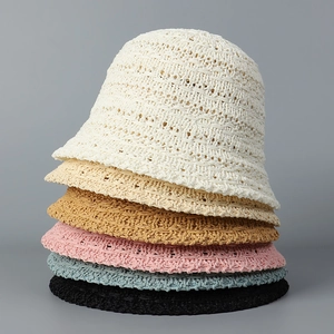 Women Crochet Bucket Hat Woven Cotton Polyester Sunshade Breathable Summer Fisherman Hat Foldable Adjustable Trendy