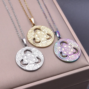 Three-color stainless steel witch knot necklaces in gold, silver, and rainbow finishes