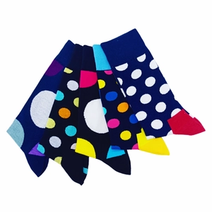 Five-pack of men's polka dot crew socks in navy and black with a fan-shaped layout