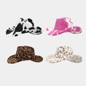 Western Cowboy Hat Faux Fur Plush Thick Warm Winter Animal Print Leopard Cow Patterns Fashion Accessories For Women