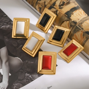 Vintage 18K gold-plated stainless steel earrings with square black onyx inserts