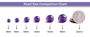 Size comparison of natural Uruguay amethyst beads from 6mm to 16mm with a reference coin