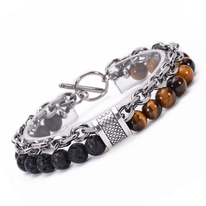 Men's double-layer bracelet with black lava stone, brown tiger eye beads and silver chain