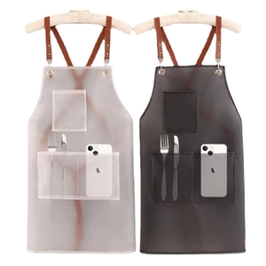 Transparent TPU waterproof aprons in frosted and coffee brown with faux leather straps