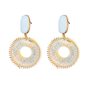 Elegant gold earrings with white oval stones and intricate woven round pendants for women