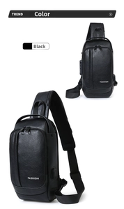 Detail of waterproof black business chest bag with USB port and integrated anti-theft lock