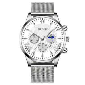 Fashion silver moon phase men's watch with white dial and stainless steel mesh strap