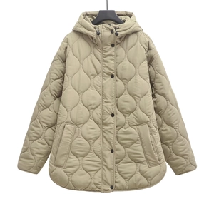 Khaki women's hooded quilted jacket with wavy stitching and front button closure