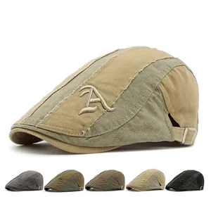 Retro Schirmmütze Baumwolle Newsboy Hat Distressed Patchwork Buchstaben Stickerei Verstellbar Britischer Stil Unisex