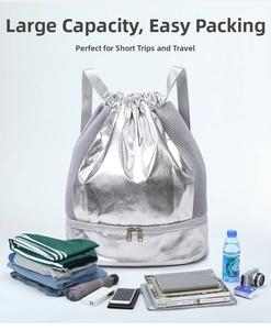Silver metallic drawstring bag showing large storage capacity for travel and fitness gear
