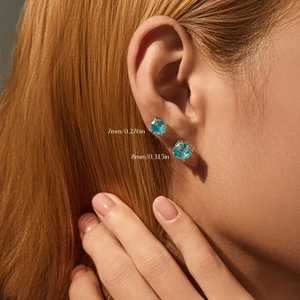S925 sterling silver stud earrings with light blue gemstone in 7mm and 8mm sizes