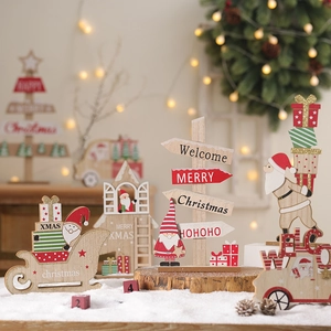 Creative wooden Christmas tabletop ornaments with Santa, sleigh, and welcome signs for decor