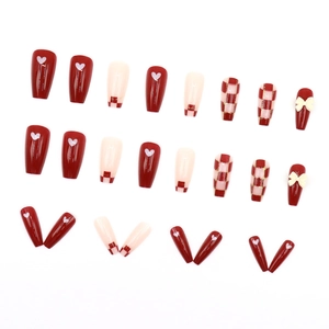 Red and white checkered bow heart press-on nails in long ballet style with glitter