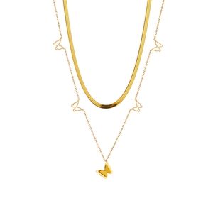 Double-layered golden titanium steel necklace with butterfly pendants on a sleek snake chain