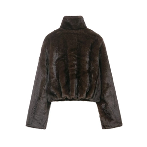 Deep brown faux fur short jacket for women featuring a stylish stand collar and smooth texture