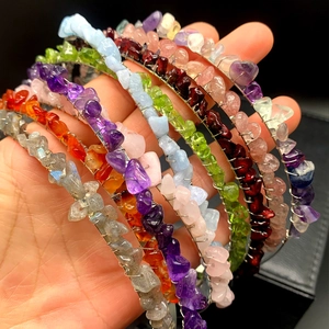 Handcrafted headband with assorted natural crystal chips wrapped on a thin metal frame