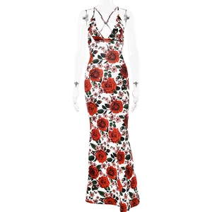 Elegant white summer maxi dress with red rose floral print and cross back straps