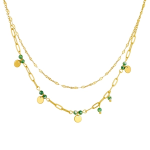 Double-layered gold stainless steel necklace with green beads and round pendant