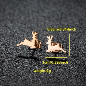 Rose gold reindeer stud earrings in stainless steel showing size and weight specs