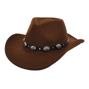 Brown western wool felt cowboy hat with vintage ethnic leather band and silver studs