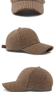 Three-angle display of houndstooth baseball cap showing texture and structure