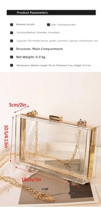 Detailed view of clear acrylic box bag with gold chain and dimensions 18x5x10.5cm
