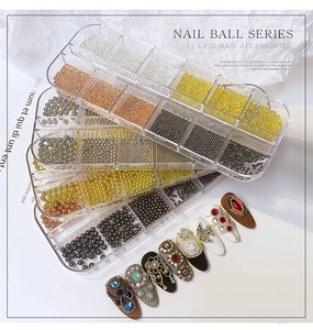 Detail of 12-grid nail art metal caviar beads in gold, silver and rose gold colors
