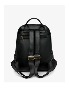 Detail view of the back of a black PU leather backpack with gold zippers and straps