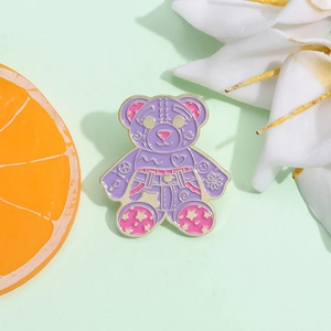 Cute cartoon purple bear enamel brooch badge with colorful star and heart details