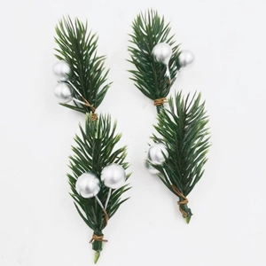 Artificial Christmas pine branches with silver berries, four-piece decorative picks set