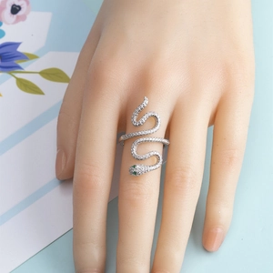 Silver snake open ring with white cubic zirconia and green gem eyes for women