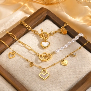 Stainless Steel Heart Charm Bracelet For Women With Shell Inlay And Imitation Artificial Pearl 18K Gold Plated Fashion Jewelry Vintage Style