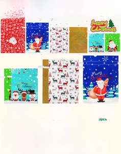 Christmas drawstring gift bags in multiple sizes with reindeer and Santa designs
