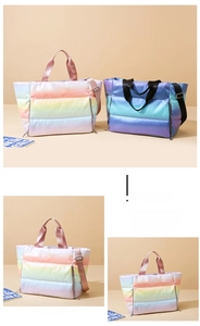 Close-up of quilted macaron gradient fitness bag with adjustable strap and zip detail