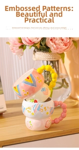 Detail of hand-painted ceramic mugs with 3D fruit relief and beaded handles