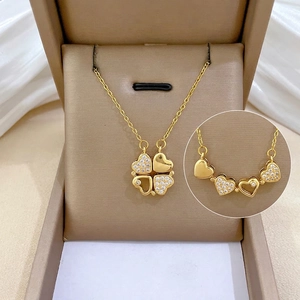 Heart Four Leaf Clover Necklace Gold Plated Stainless Steel Chain Copper Zircon Convertible Magnet Jewelry For Women