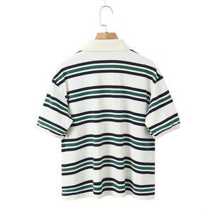 Back view of striped polo shirt with green and navy blue stripes on white piqué fabric