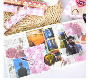 Artistic collage detail of scrapbooking paper with classic painting motifs and floral patterns