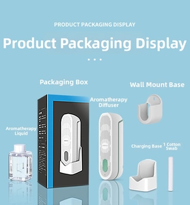Smart fragrance diffuser kit includes white device, aroma bottle, charging dock and wall mount