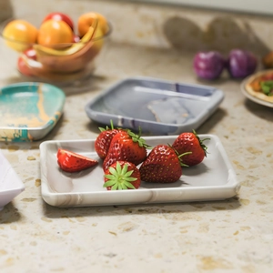 Rectangle marble texture ceramic tray with fresh strawberries for home decoration