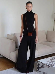 Women Knit High Neck Sleeveless Tank Top And Wide Leg Pants Solid Color Casual Minimalist Streetwear Outfits Fashion