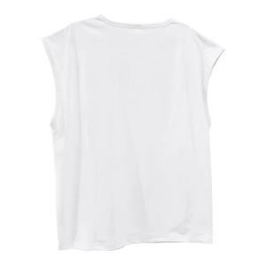 Detail view of white sleeveless cotton vest showing comfortable fabric texture and stitching