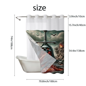 Detailed size chart for Halloween shower curtain showing dimensions in cm and inches