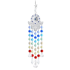 Rainbow garden suncatcher with silver Hamsa hand and colorful crystal glass beads