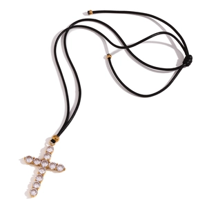18K gold plated stainless steel cross pendant necklace with zircon and black cord