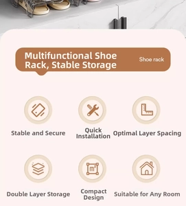 Detail view of space-saving double-layer shoe rack with adjustable height and compact design