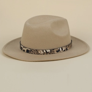 Close-up of khaki wool fedora featuring a stylish leopard print belt and classic crown